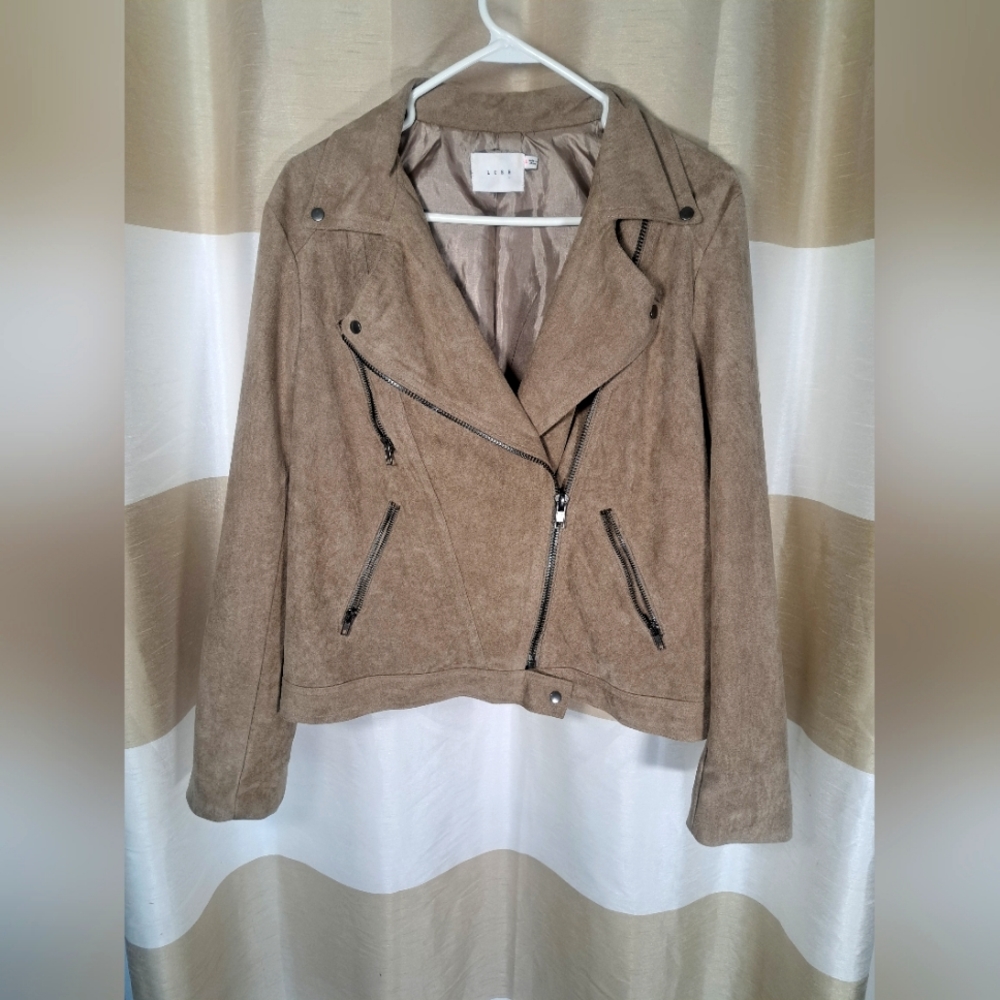 LUSH Women's Sand/Beige Microfiber POCKETS Zip-UP FASHION RACER Moto Jacket Sz L